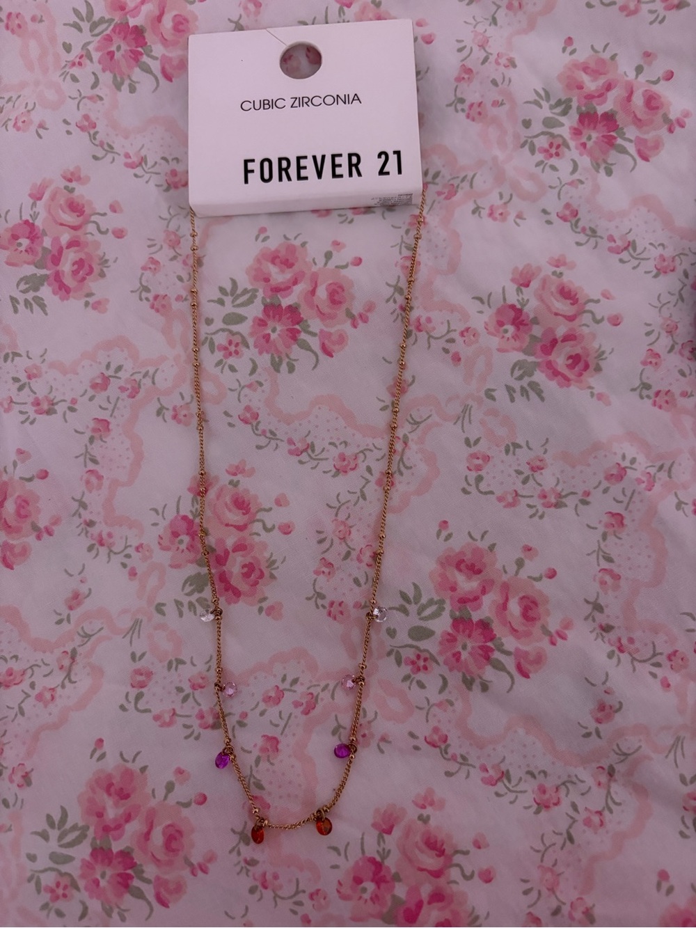Forever 21 Gold-Tone Necklace with Pink and Orange Gem Drops